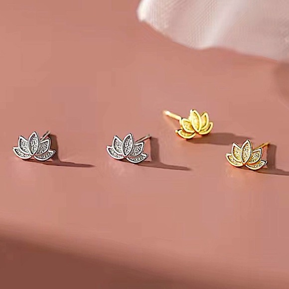 Sterling Silver Lotus Flower Stud Minimalist Earrings - Picture 5 of 6